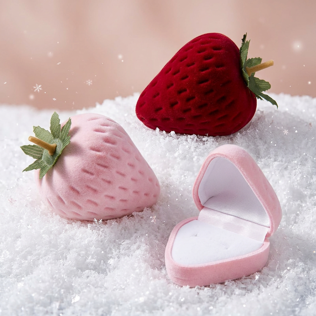 Pink and red velvet strawberry-shaped jewelry box
